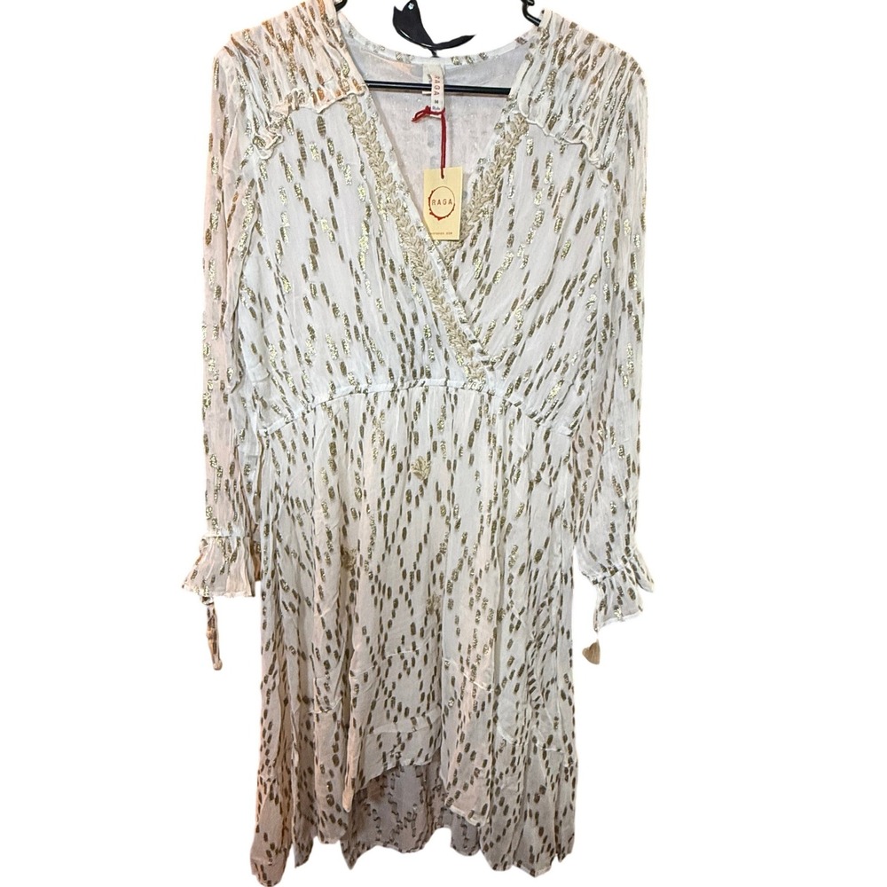 Raga White Gold Metallic Foil Embroidered V-Neck Boho Mini Dress NWT Medium